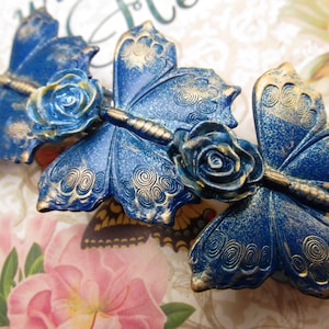 Butterfly Hair Clip blue butterflys and roses barrette hair Handmade clips for thick hair MyElegantThings