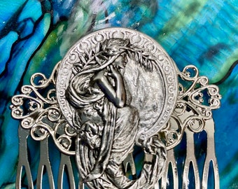Vintage Silver Alphonse Mucha Hair Comb: Woodland Wedding Bridal Accessory