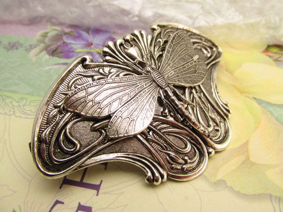 Dragonfly barrette Art Deco style hair clip Silve… - image 1