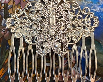 Art Deco Bridal Hair Comb: Silver Diamond Crystal Ornament