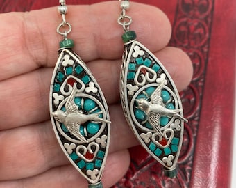 Swallow Tail Bird Southwest Earrings Silver turquoise beads Long Earrings Dangle earrings by MyElegantthings