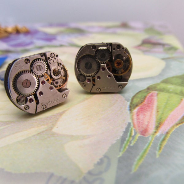 Cuff links watch parts silver cuff links Vintage jeweled watch parts grooms gifts steam punk retro