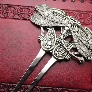 Dragonfly hair comb Decorative hair combs large dragonfly Art Nouveau style Silver hair fork hair pick  MyElegantThings