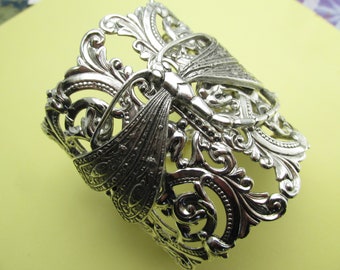 Bracelet manchette libellule Art déco, bijoux en plaqué argent