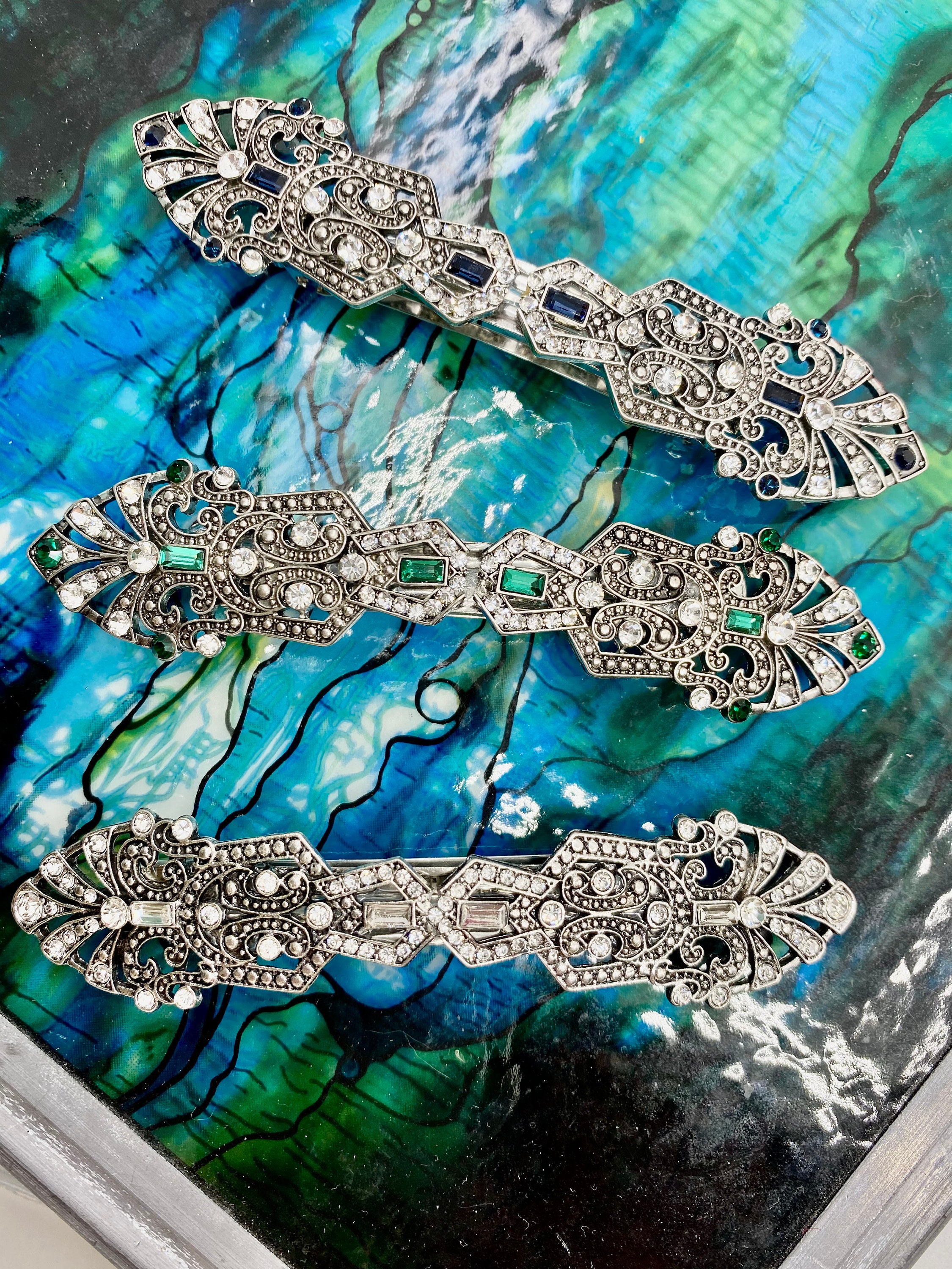 Art Deco Hair Clip Emerald and Clear Crystals Baroque Silver Etsy