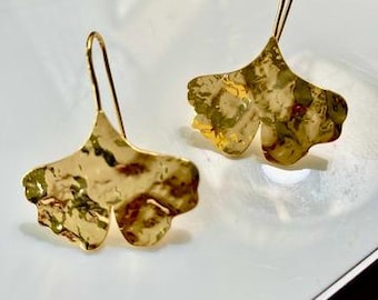 Art Deco style hand hammered Gingko Leaf Earrings Long Dangle earrings MyElegantThings