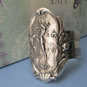 Art Deco style cuff bracelet Alphonso Mucha Style Lady in the Garden bracelet large cuff Silver MyElegantThings