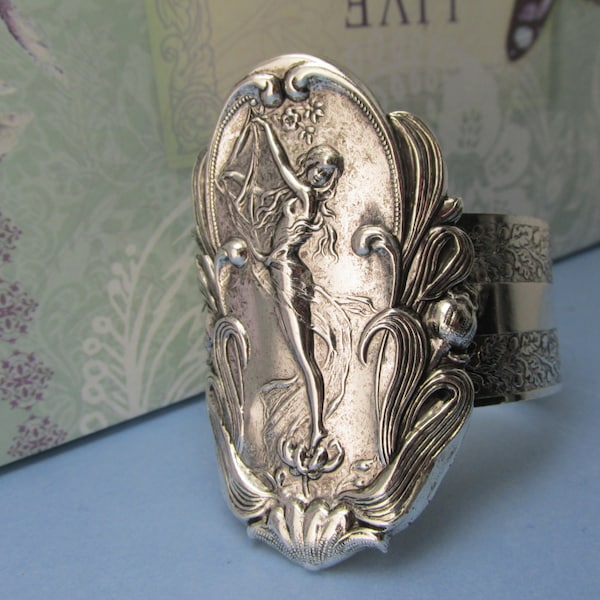 Art Deco style cuff bracelet Alphonso Mucha Style Lady in the Garden bracelet large cuff Silver MyElegantThings