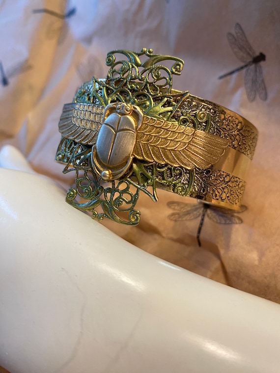 Scarab Cuff bracelet flying Egyptian style scarab 
