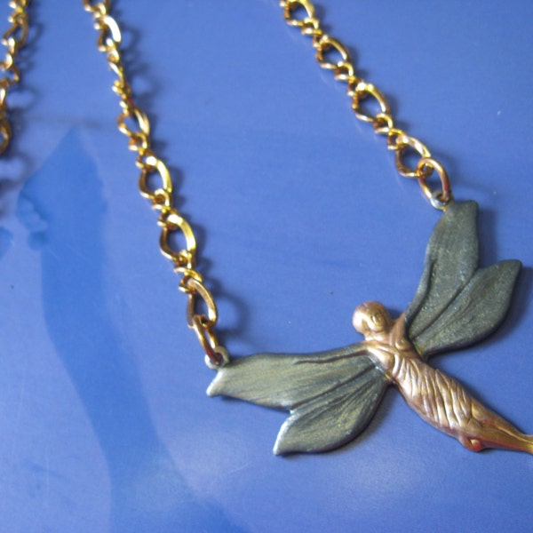Faerie necklace Art Nouveau butterfly fairie necklace Hand verdigris and Painted Gorgeous flower faerie simple necklace