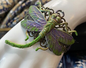 Dragonfly Cuff Bracelet Goth Green Filigree Rare find