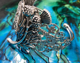 Scottish Thistle Cuff Bracelet: Silver Plated, Vintage Patina