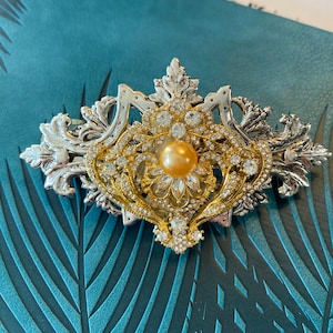 Art Deco Style hair clip baroque silver barrette Hair clips Golden Pearls and Crystals Filigree Hair barrettes Bridal hair barrettes