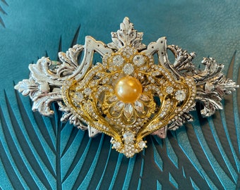 Art Deco Style hair clip baroque silver barrette Hair clips Golden Pearls and Crystals Filigree Hair barrettes Bridal hair barrettes