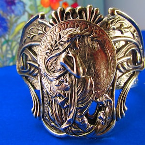 Mucha Art Nouveau Lady in the Garden Silver cuff Bracelet Vintage Bold and gorgeous MyElegantThings