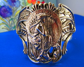 Mucha Art Nouveau Lady in the Garden Silver cuff Bracelet Vintage Bold and gorgeous MyElegantThings