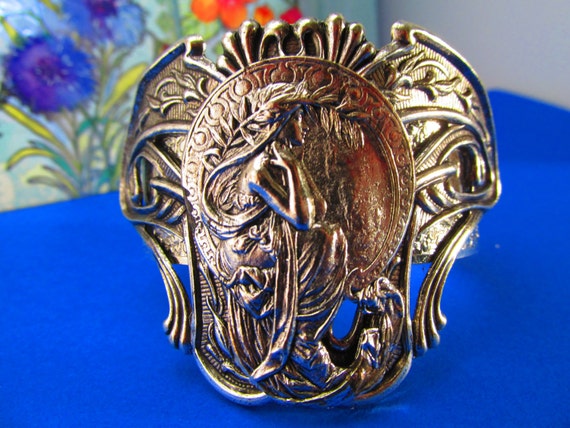 Mucha Art Nouveau Lady in the Garden Silver cuff Bracelet Vintage Bold and gorgeous MyElegantThings
