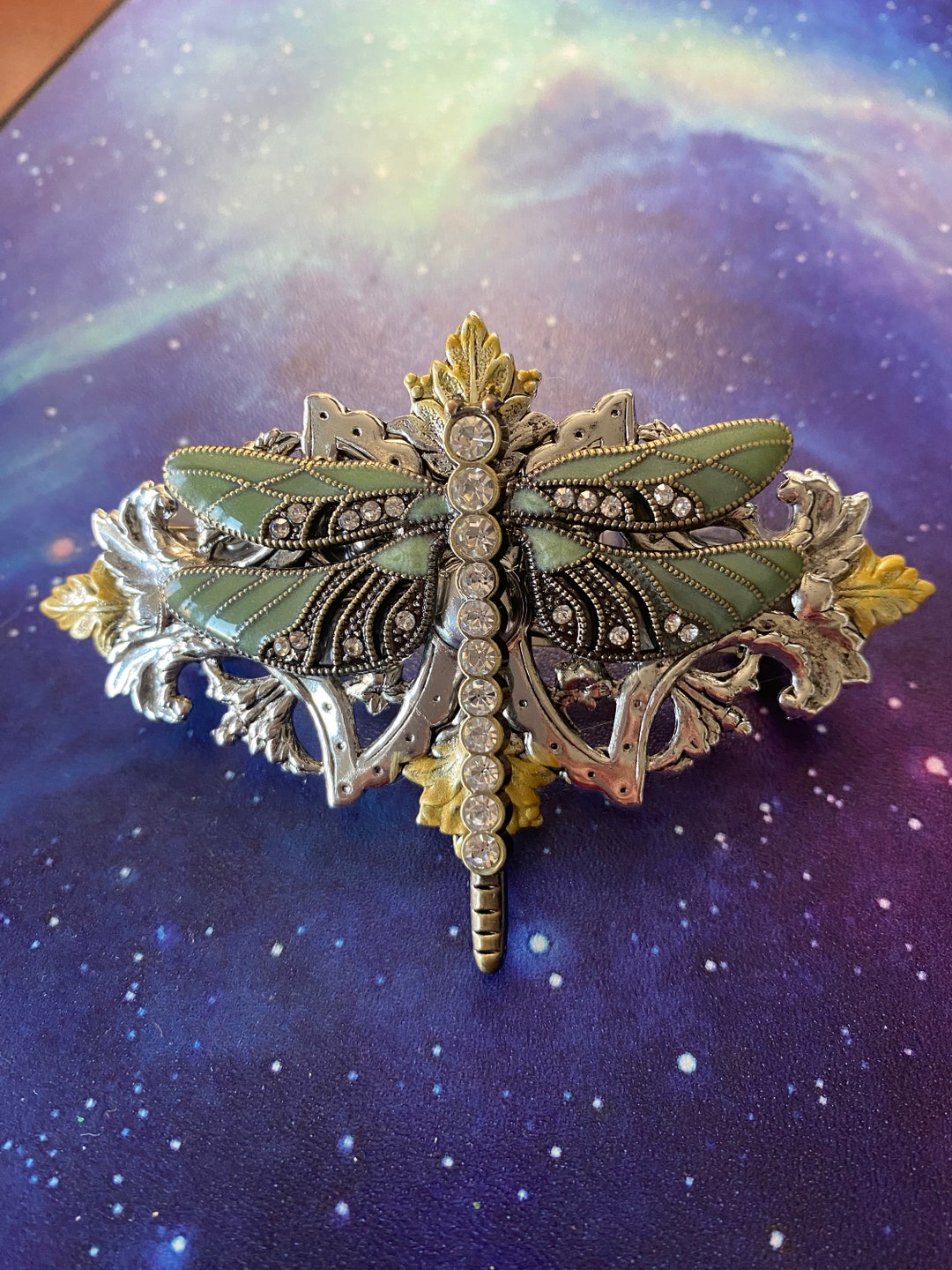 Dragonfly Hair Clip Green Enamel Silver Art Deco Style Hair Etsy