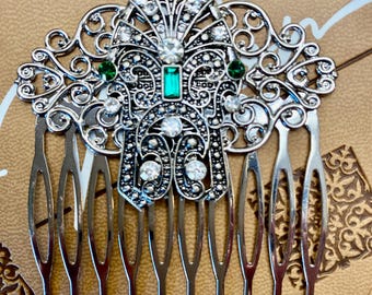 Art Deco Emerald Hair Comb: Silver Bridal Hair Accessory