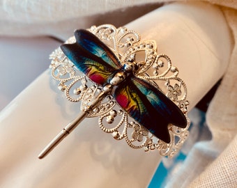 Bracelet manchette libellule en émail : jonc filigrane réglable en argent