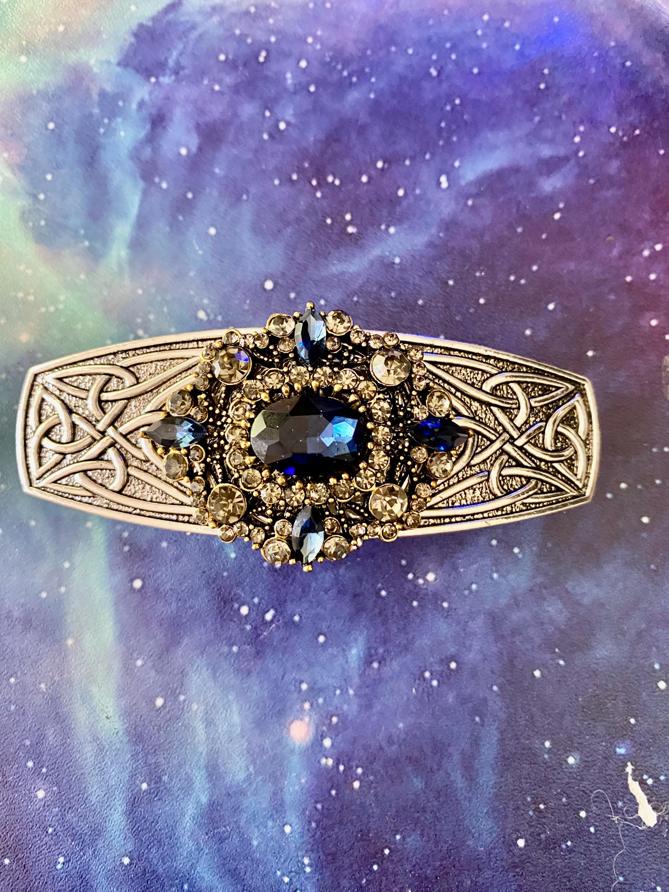 Art Deco Sapphire Crystal Hair Clip: Silver Baroque Barrette 