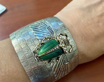 Art Deco Scarab bracelet silver Resin and crystal emerald color scarab wide bold cuff silver vintage cuff MyElegantThings