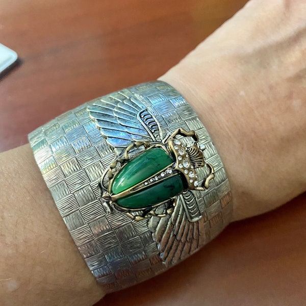 Art Deco Scarab bracelet silver Resin and crystal emerald color scarab wide bold cuff silver vintage cuff MyElegantThings