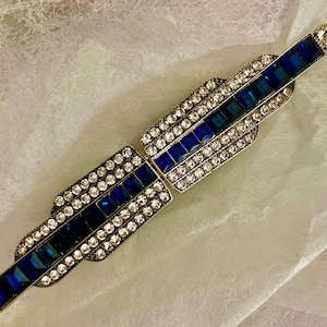 Art Deco Style hair clip Sapphire color and clear crystals baroque silver barrette Hair clips Filigree Hair barrettes Bridal hair clip