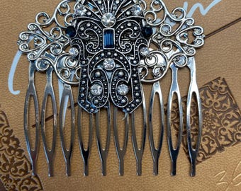 Art Deco Sapphire Hair Comb: Silver Bridal Hair Accessory