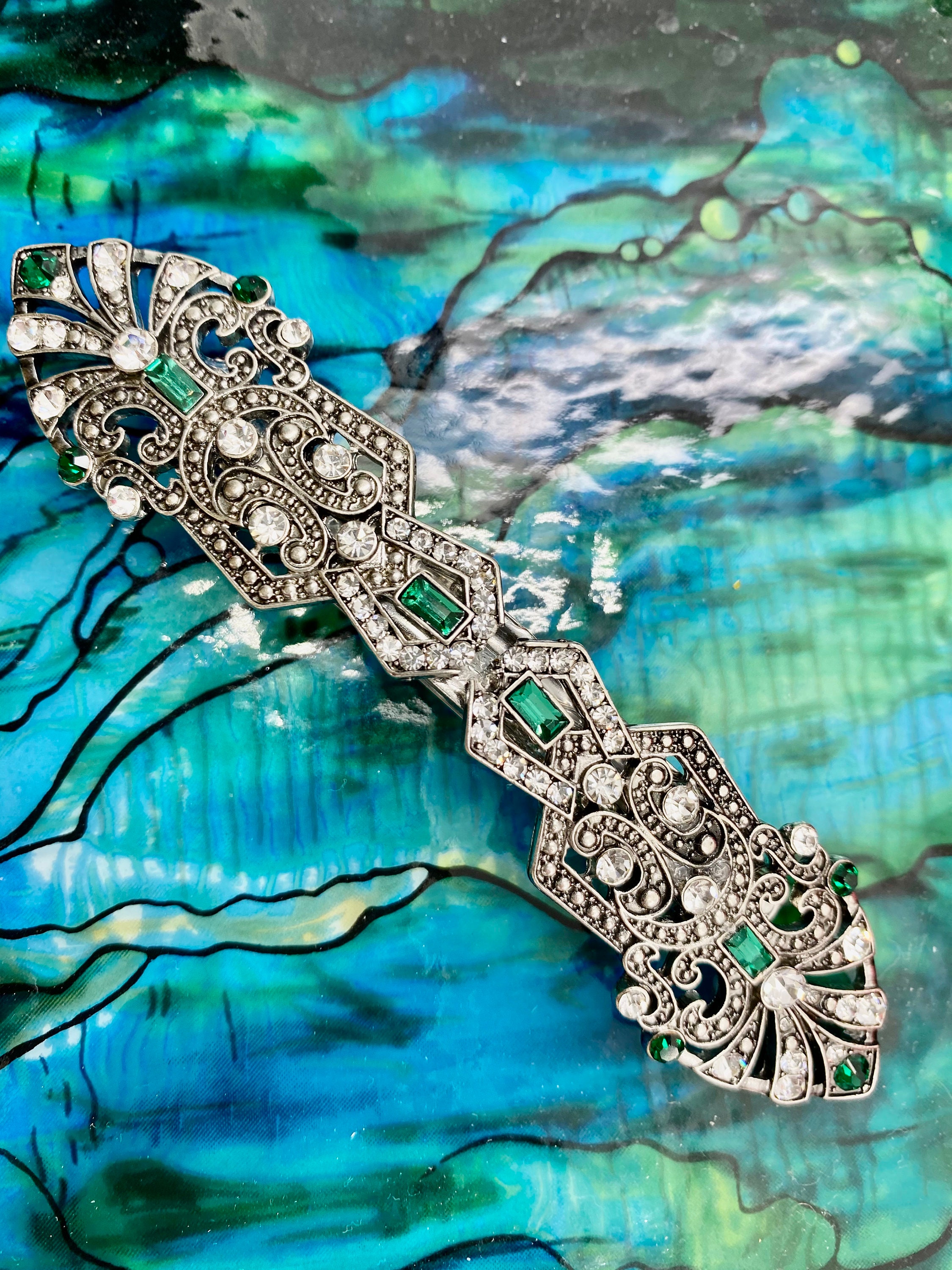 Art Deco Hair Clip Emerald and Clear Crystals Baroque Silver Etsy