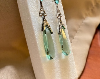 Vintage Style Art Deco Aquamarine Color Dangle Earrings