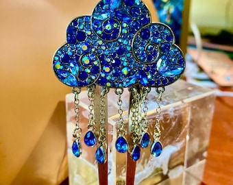 "Silber Regentropfen Haarkamm, blaue Kristalle ""Chase theclouds to blue"" Haarschmuck
