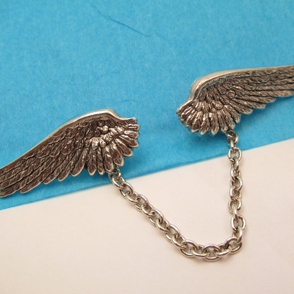 Steampunk wings Collar chains Angel wings Sweater clips Cardigan clips collar clips silver sweater guard Large wings jumper clips tie tacks