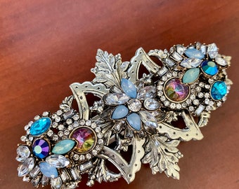 Art Deco Crystal Hair Barrette - Silver Filigree Bridal Clip