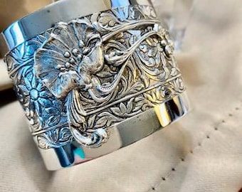 Hand Engraved Silver Poppy Cuff Bracelet: Art Deco Floral Design