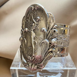 Art Nouveau Cuff Bracelet: Alphonso Mucha Style Lady, Silver Plated Brass