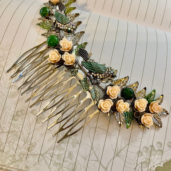 Bridal Hair Piece Art Deco Style Hair comb Headpiece Hair Accessories Jade accents intricate Romantic Peach Roses Blue Birds Long hair combs