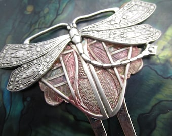 Dragonfly hair comb Decorative hair combs large dragonfly Art Nouveau style Silver hair fork MyElegantThings