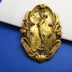 Art Nouveau Style Woman Pin Art Deco Lady in the Garden Pin Brass brooch large statement piece