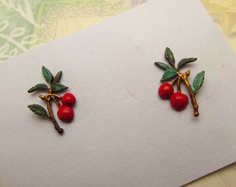 Cherry Earrings cherries jewelry Pierced earrings Hand painted enamels with Verdigris Cherries earrings vintage post earring MyElegantThings