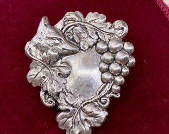 Fox Pin Silver fox and vineyard brooch vintage style