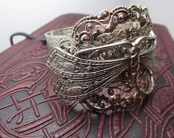 Bracelet manchette en filigrane libellule en argent, style vintage