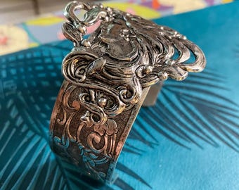 Art Deco Style Lady Cuff Bracelet: Silver Filigree Alphonso Mucha Style