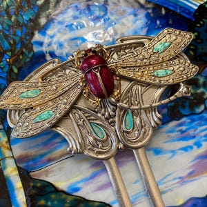 Art Nouveau Dragonfly Hair Comb: Silver Plated Scarab Hair Fork