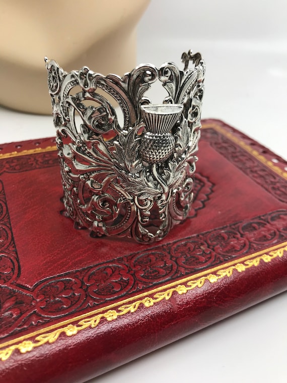 Bracelet Manchette Métal Argenté Décor Chardons (Thistle) - Occasion Bon état