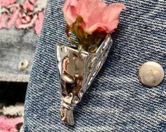 Boutonniere Tussy Mussy Miniaturvase Pin Silber Bräutigam Boutineer