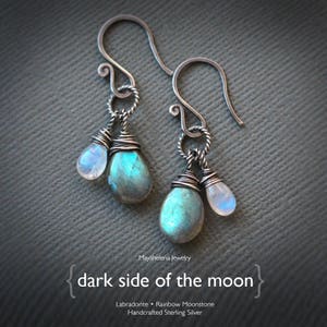 Dark Side of the Moon - Labradorite and Moonstone Wire Wrapped Sterling Silver Earrings