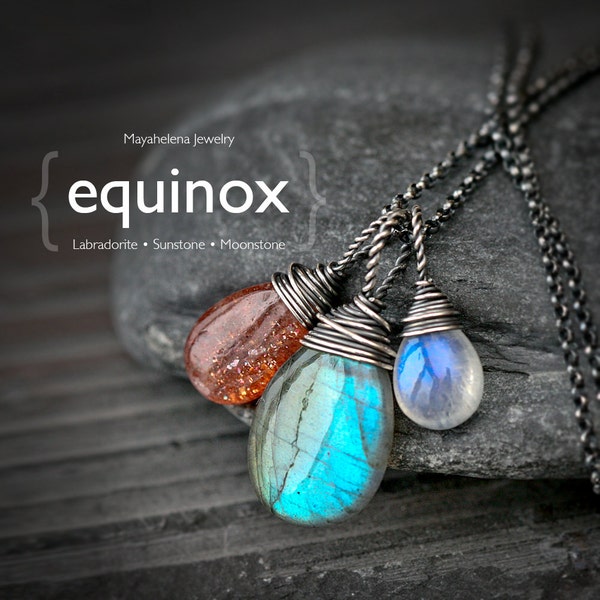 The Equinox  - Labradorite Moonstone and Sunstone Wire Wrapped Sterling Silver Necklace