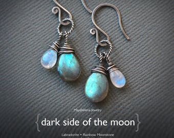 Dark Side of the Moon - Labradorite and Moonstone Wire Wrapped Sterling Silver Earrings