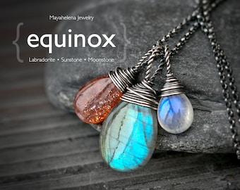 The Equinox  - Labradorite Moonstone and Sunstone Wire Wrapped Sterling Silver Necklace